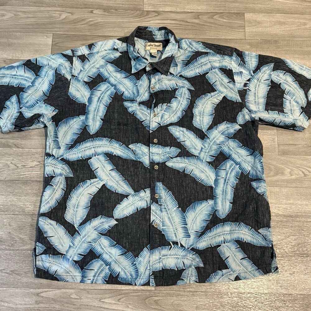 Cooke Street Hawaiian Aloha Shirt 2XL Tropical Flowers Reverse Print Black White